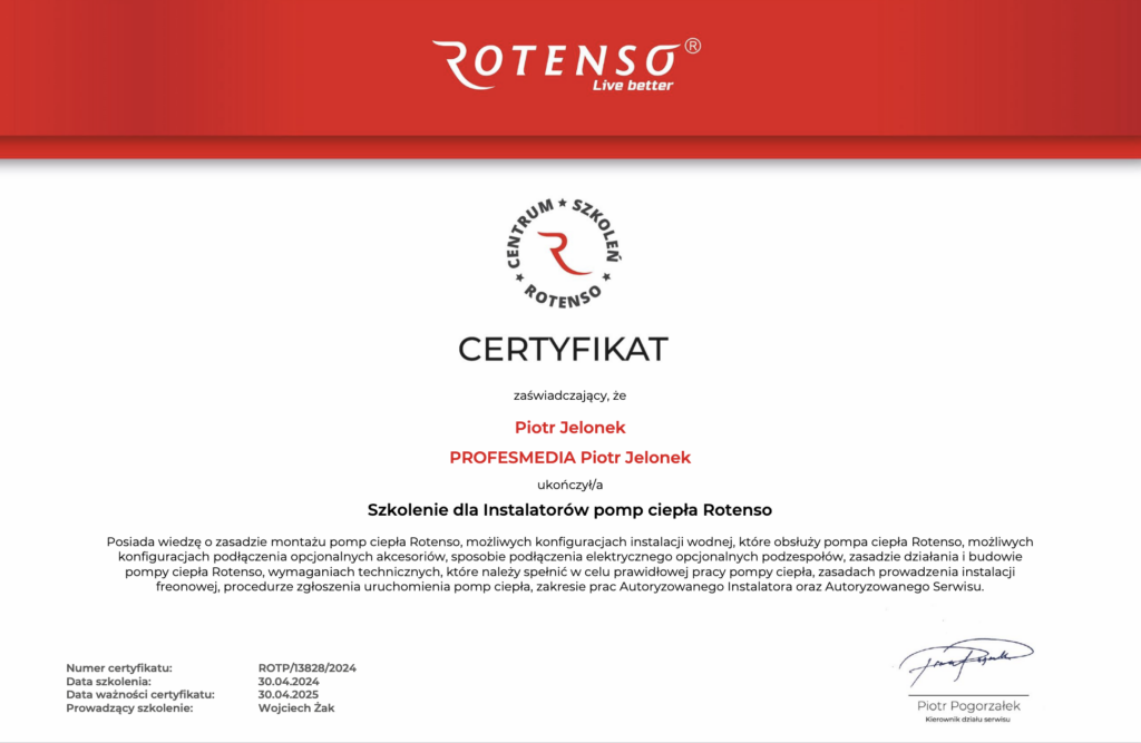 Certyfikat autoryzacyjny z montażu pomp ciepła Rotenso. 